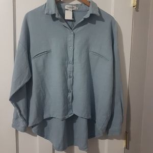 Lili Sidonio Molly Bracken Linen Blend Button Up Shirt Pastel Blue Sz S/M NWOT